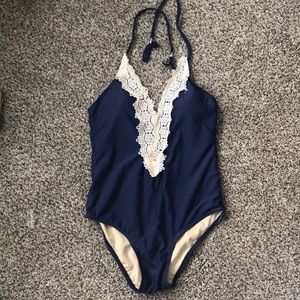 One piece Bathing suit-navy with white lace